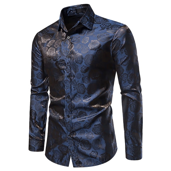 Odeerbi Men Turndown Collar Blouse Shirts Long Sleeve Trendy Rose Printed Casual Button Slim Formal Shirt Black
