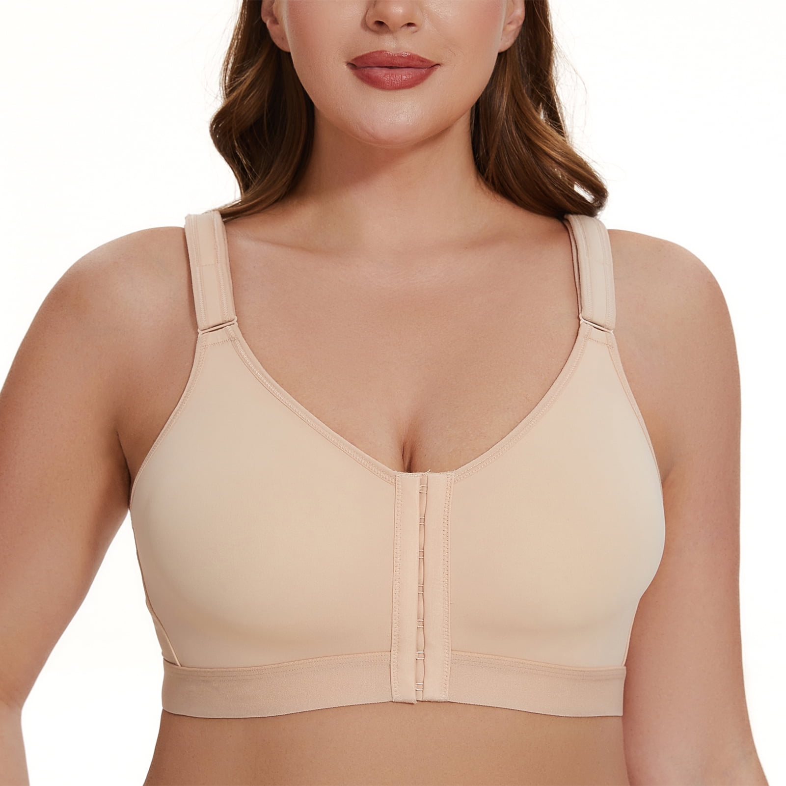MELENECA Women's Front Closure Wirefree Post Surgery Plus Size Back Support Posture Bra Beige 34D