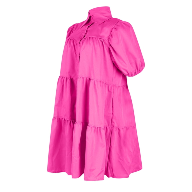 Daiosportswear Women'S Babydoll Dresses Casual Loose Puff Sleeves Ruffle Hem Button Down Pleated Shirt Dress,Women'S Short-Sleeved Dress Hot Pink 6(M)