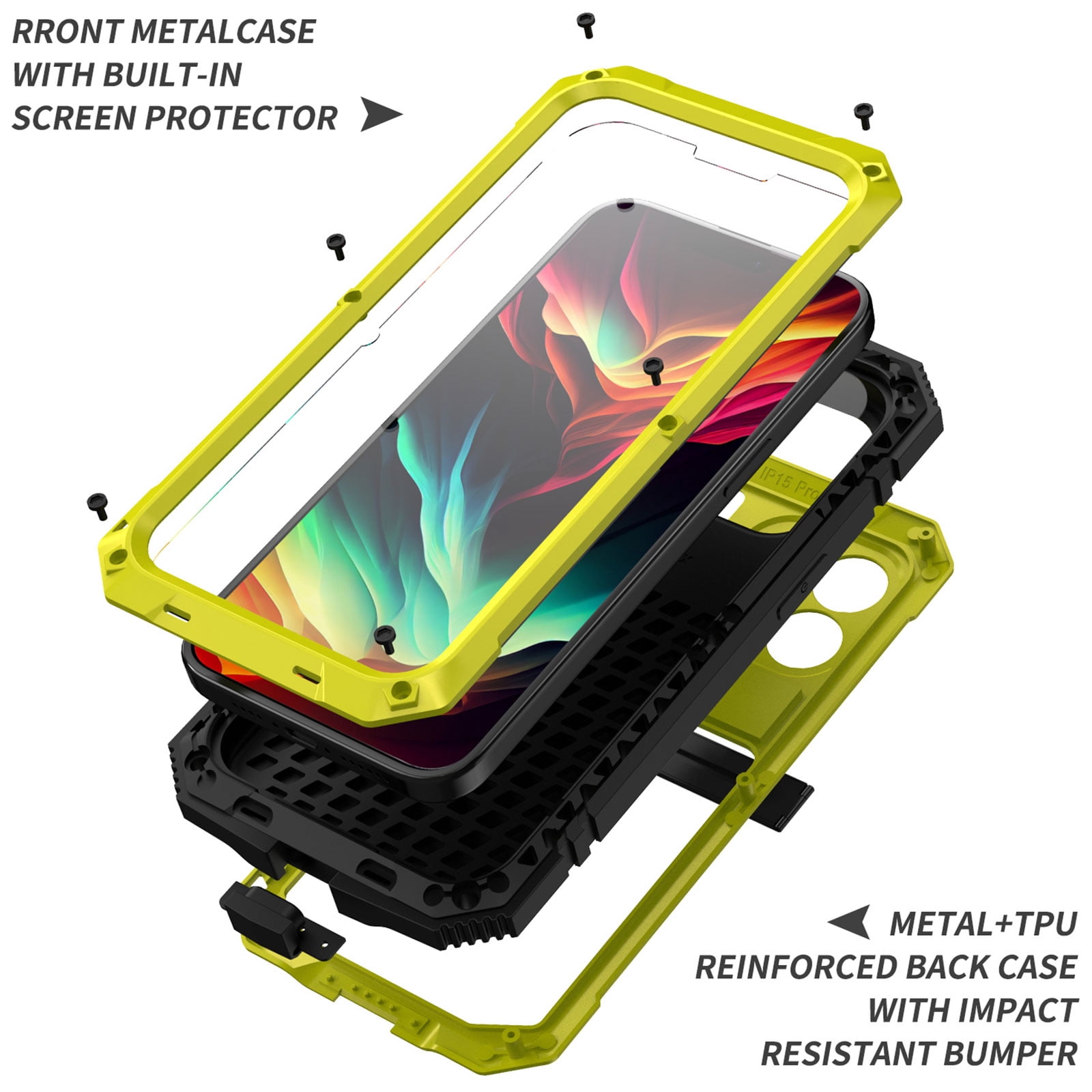 Dteck for iPhone 15 Pro Case,Outdoor Sports Military Heavy Duty Metal Cover Shockproof Dustproof Full Body Case with Built in Tempered Glass Screen Protector Hybrid Kickstand Cover,Yellow