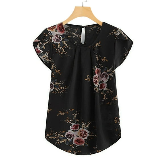 SMihono Hauts pour Femmes Été Chic Décontracté T-Shirt Décontracté pour Femme à Col Rond Fleur Plissé Ajusté Imprimé Manches Courtes Haut T-Shirt Oversize pour Femmes