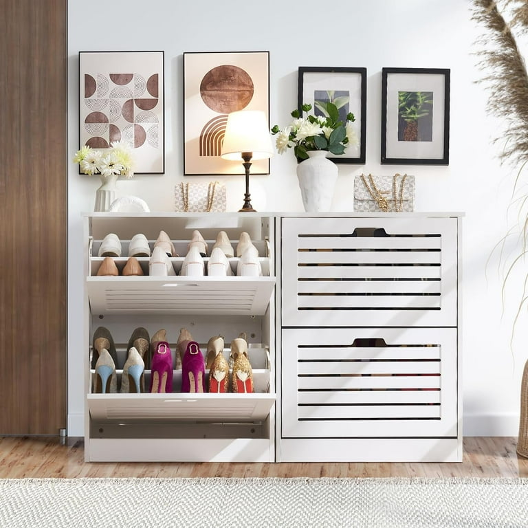 Narrow Shoe Cabinet with 2 Flip Drawers Freestanding Shoe Cabinet Organizer with Hollow Handle Wooden Shoe Rack Storage Cabinet for Entryway Hallway Bedroom Living Room White Walmart