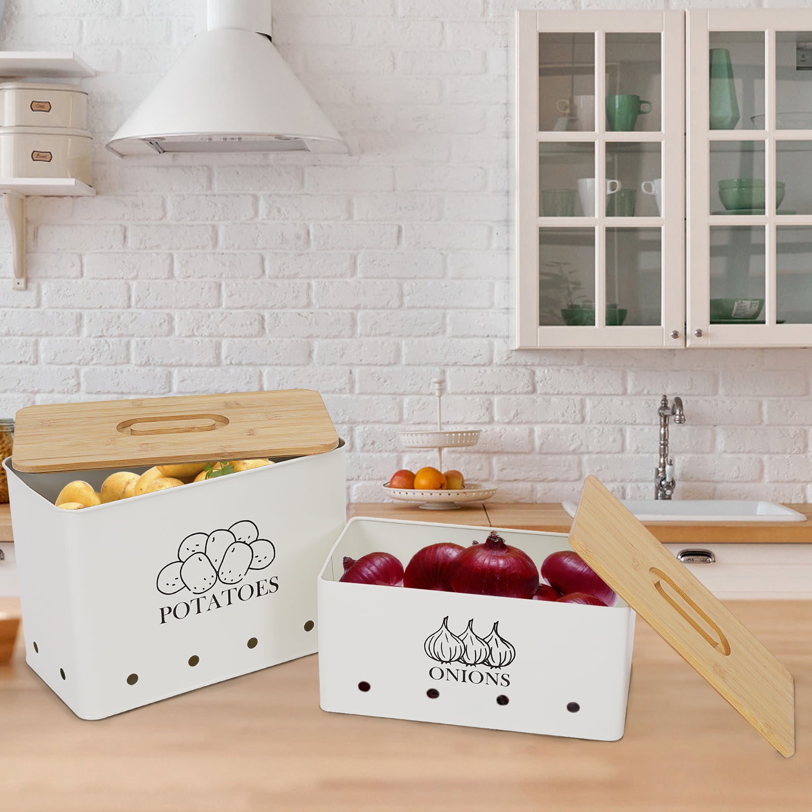Pethiy Potato Onion Storage Canisters,Storage Bin For Kitchen 2 Pack Set,Potatoe, Potato Storage Box,Storage And Long Shelf Life with Aerating Tin Storage Holes,White
