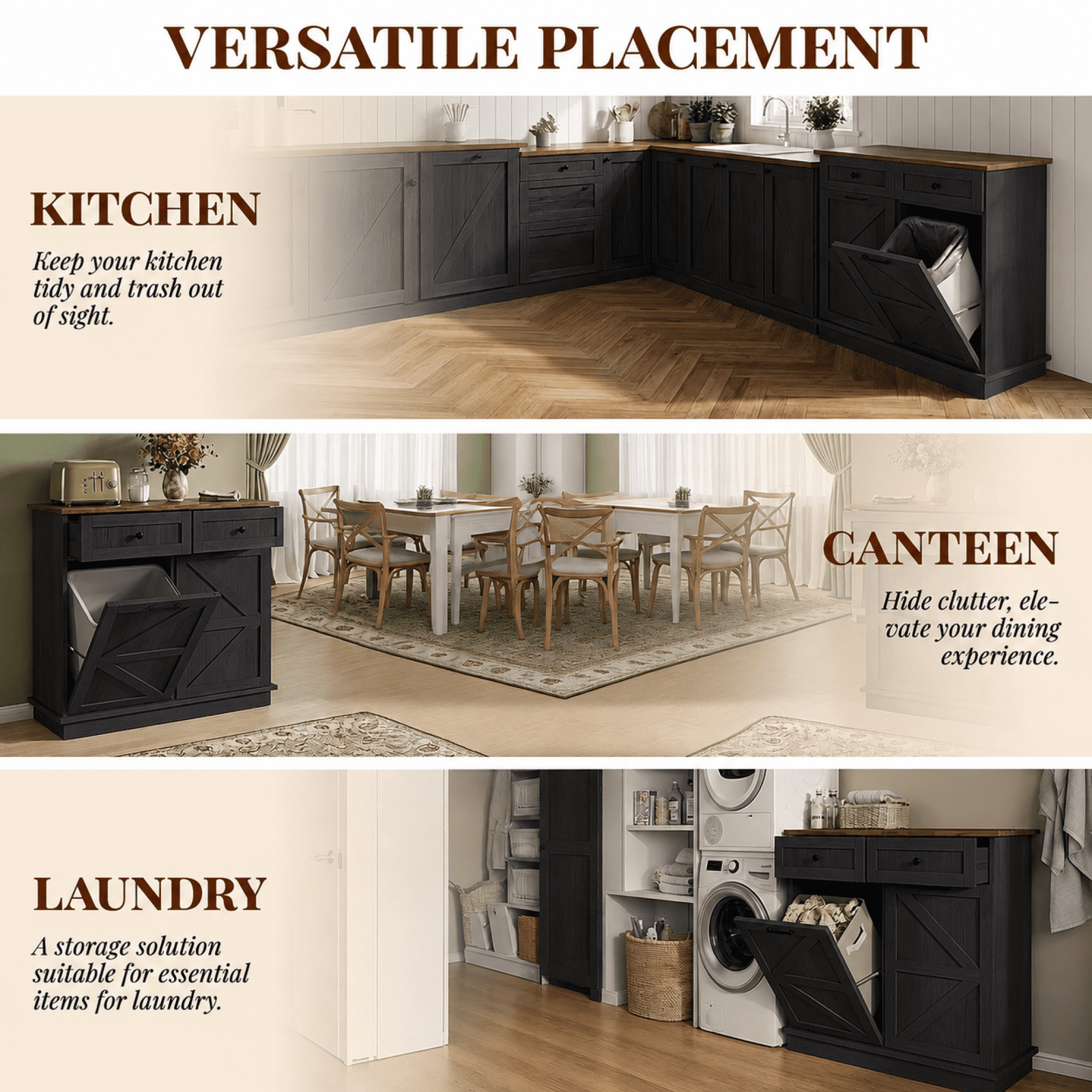 HOQBN Tilt Out Trash Can Cabinet, Farmhouse Wooden Double 10-Gallon Hidden Garbage Bin with Drawer, Dog Proof Storage Cabinet for Kitchen, Laundry and Living Room Black