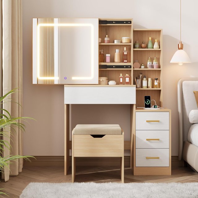 Makeup Vanity Desk with Sliding Mirror, Vanity Dressing Table with 3 Color Adjustable Lights, Girls Vanity Set with Stool, 4 Compact Vanity Drawers, Power Outlet