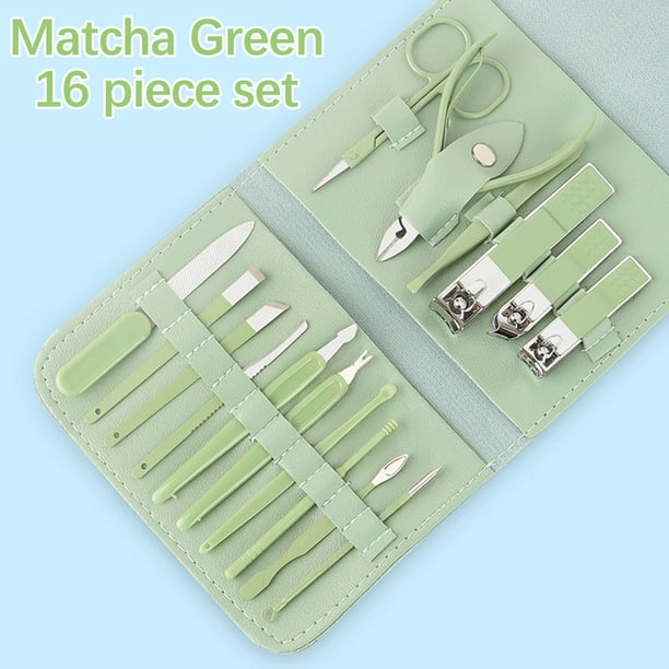 Set de cortaúñas de 16 piezas. Incluye estuche plegable, herramienta de acero inoxidable y cortaúñas para uñas.