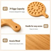 24 Egg Capacity Bamboo Deviled Egg Platter, Round Wooden Serving Tray With Handle, Double-Sided Egg Holder & Charcuterie Board, Appetizer Snack Dessert Fruit Cheese Tray For Kitchen Countertop