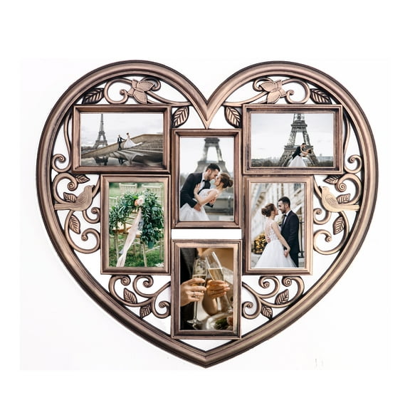 JOICE GIFT Gold Wall Large Hanging Heart Shape Collage Picture Frame 6 Opening 4" x 6"