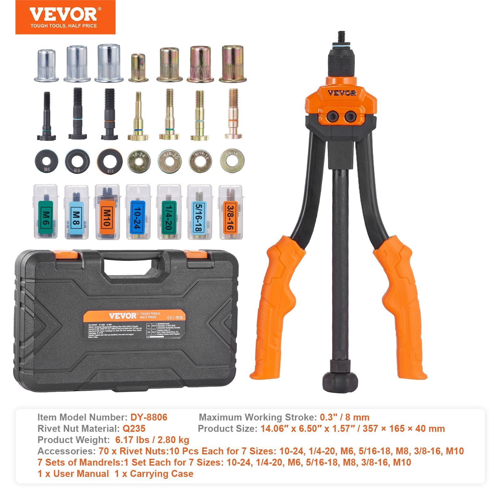 14' Rivet Nut Tool Kit with 70 PCS Assorted Metric & SAE Rivet Nuts, 7 Mandrels – for M6, M8, M10, 10-24, 1/4-20, 5/16-18, 3/8-16 – Durable Carry Case