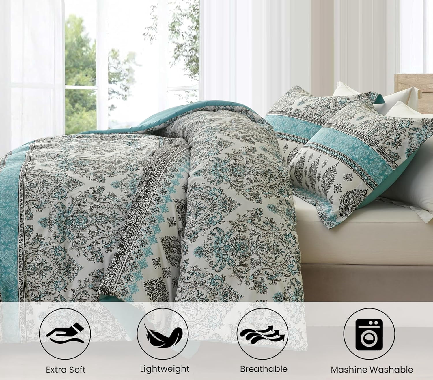 Chezmoi Collection Herald 2-Piece Printed Comforter Set, Aqua Blue Black White Boho Damask, Pre-Washed Microfiber Lightweight Bedding for All Seasons, Twin Size