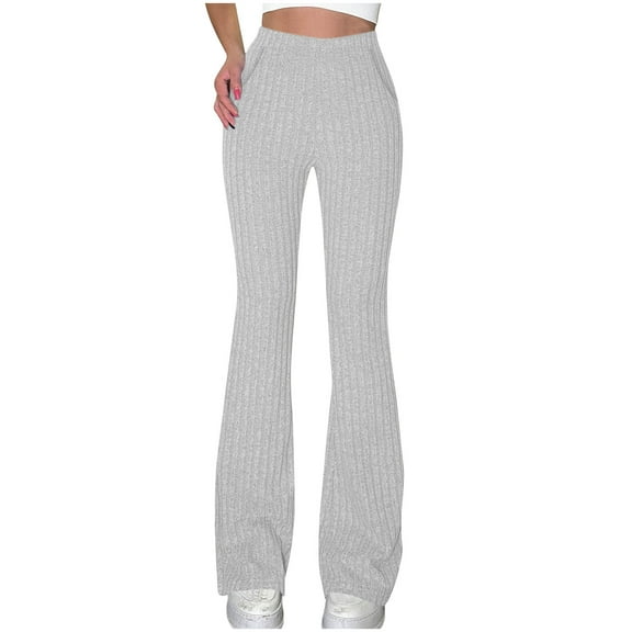 RYRJJ Womens Ribbed Knit Flared Leggings High Waisted Bootcut Yoga Pants Wide Leg Pull-On Workout Bootleg Pants(Gray;L)