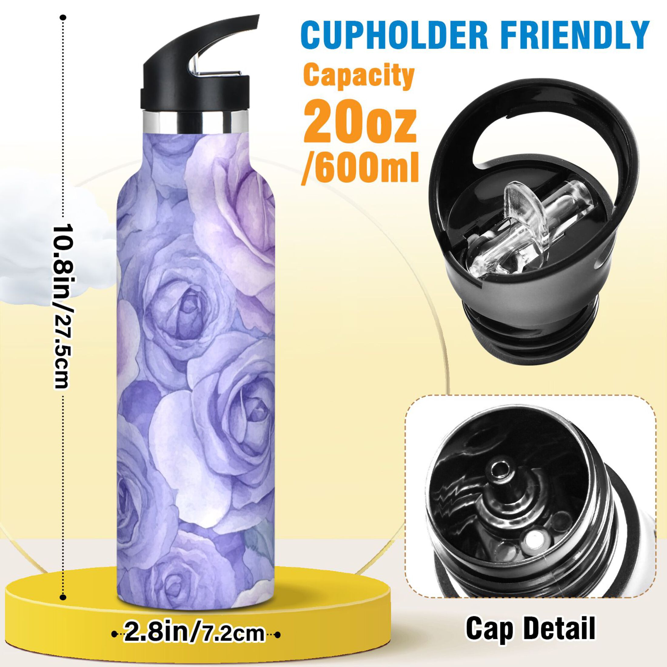 600ML Stainless Steel Insulated Cup Sports Water Bottle Portable Thermos Cup Water Glasses Insulated Tumblers Convenient and Durable Cartoon Purple Roses Seamless