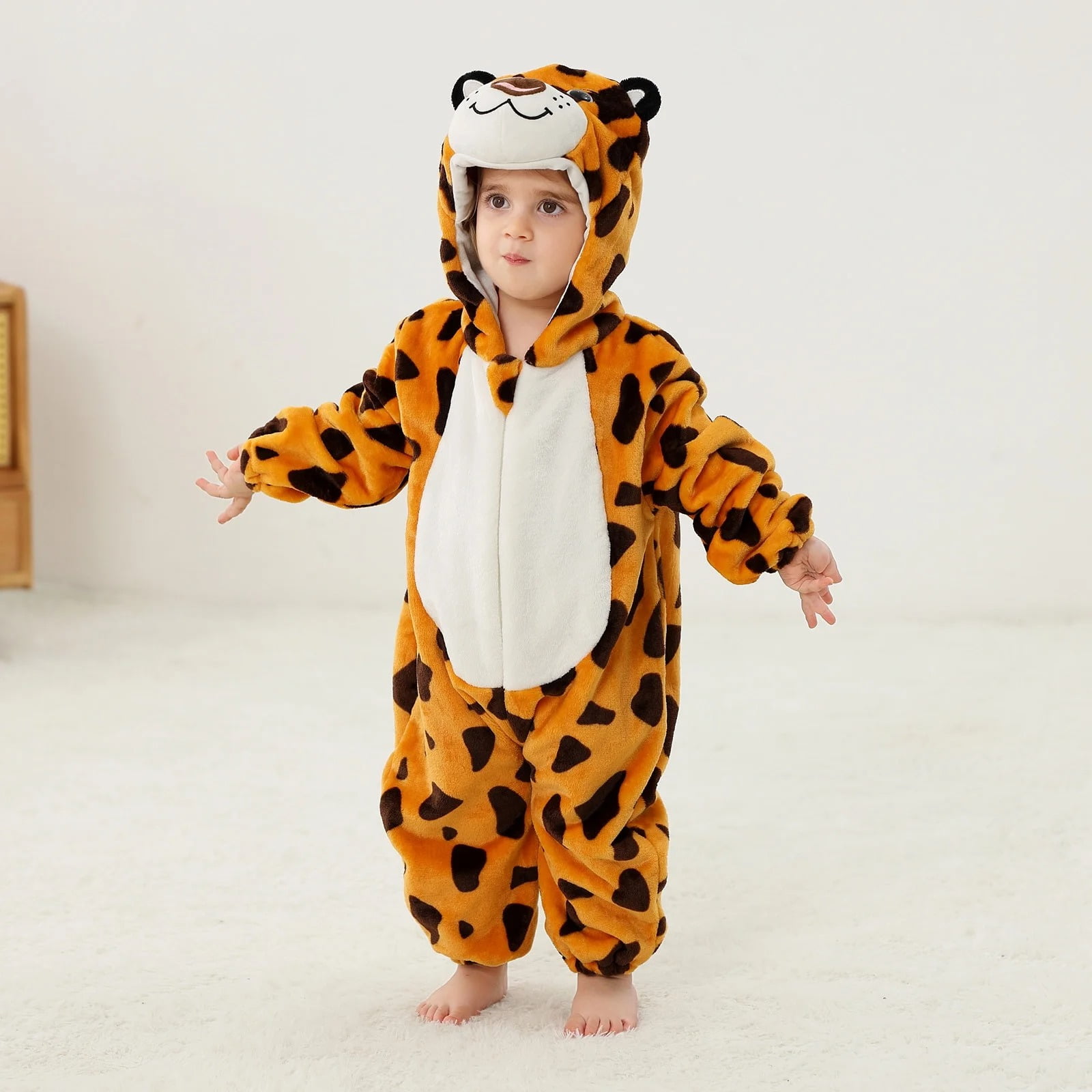 ATAIKU Baby Animal Leopard Onesie Flannel Hooded Romper for Infant Winter Playsuit Jumpsuit for Boys and Girls Toddler Overall Outfit