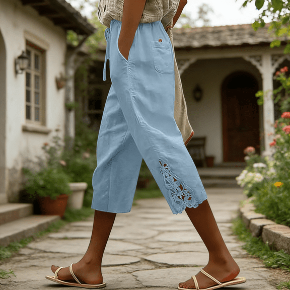LJEFF Womens Cotton Linen Capri Pants, Pocket Lace Trim Elastic Waist Drawstring Summer Cropped Trousers Light Blue