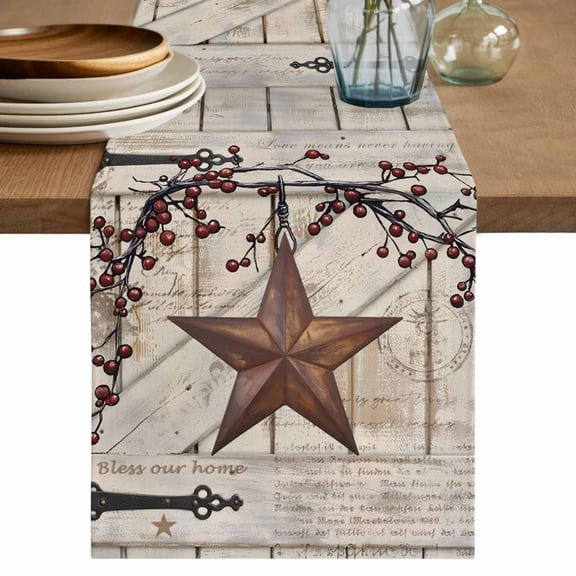 Table Runner 72 Inches Long for Kitchen Dining, Texas Star Vintage Dresser Scarf Farmhouse, Dining Table Decorations for Wedding/Parties, Brown Retro Berry Beige Wooden 16 x 72 In