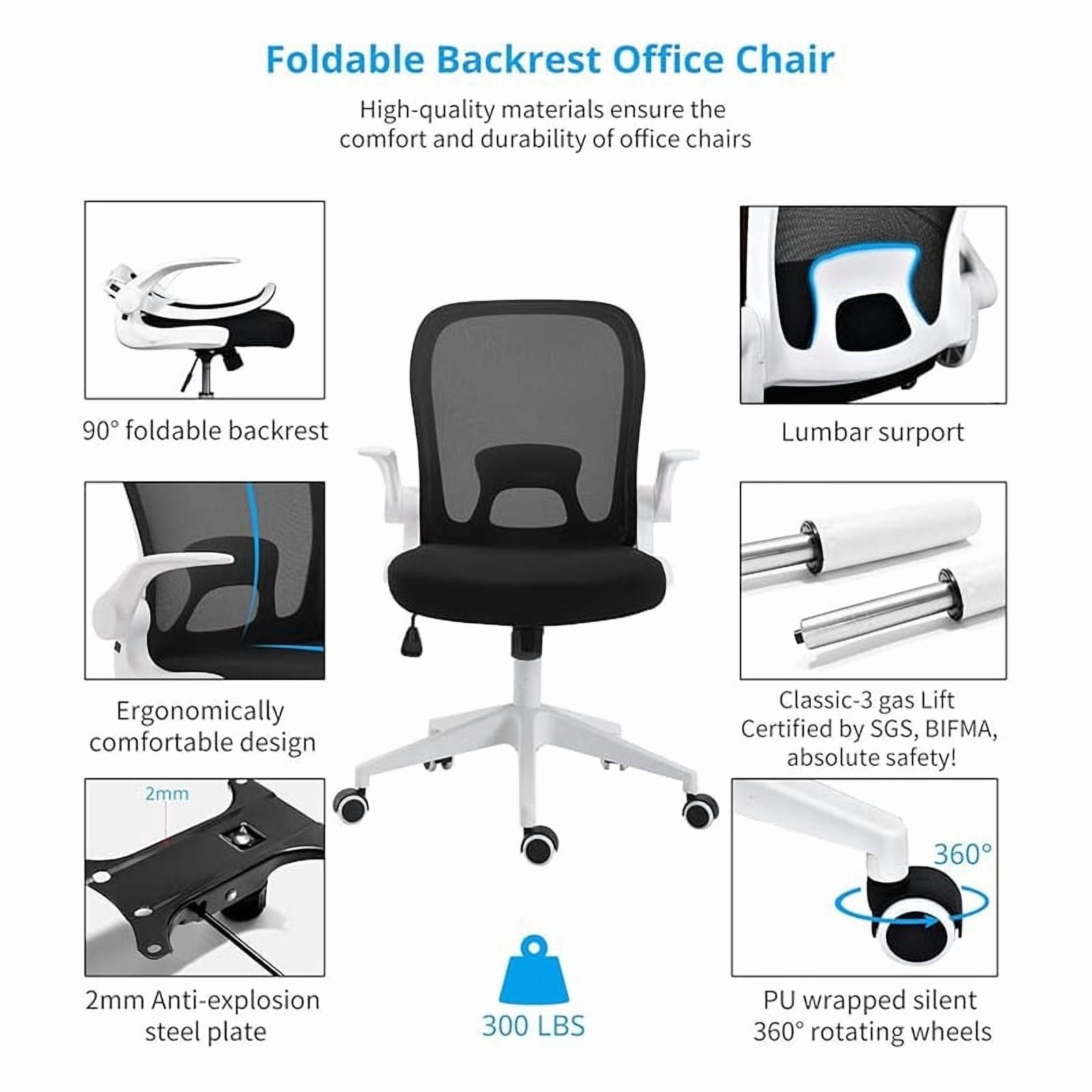 IPKIG Ergonomic Office Chair Mesh with Foldable Backrest, Mesh Home Office Computer Task Desk Chairs with Adjustable Arms & 360 Degree Universal Wheels (White)