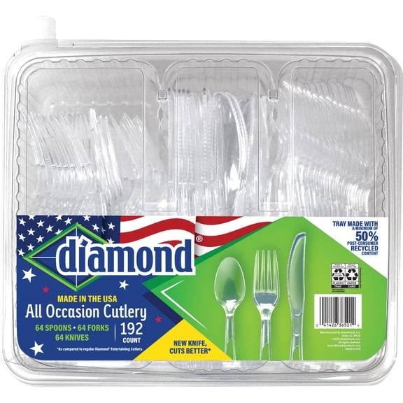Diamond 192 Count Clear Plastic Disposable Cutlery Utensil Set – 64 Forks, 64 Spoons, 64 Knives - Made in USA