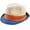 Natural/Orange/Blue, variant on Kids Straw Trilby Fedora Hat – Short Brim Summer Sunhat, Natural with Navy Palm Tree Print Band (2–4 Years)