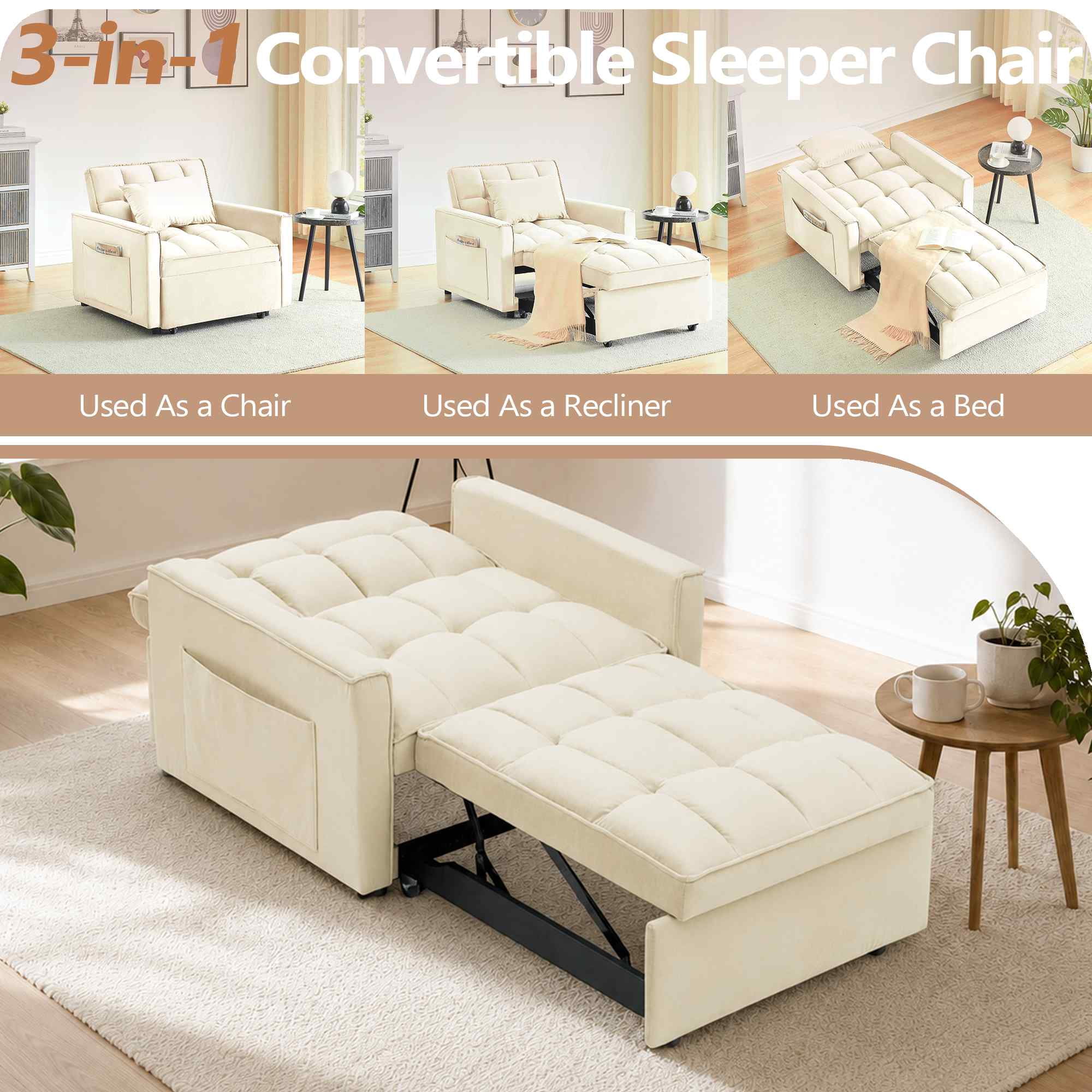 FFH Convertible Sofa Bed Recliner Chair with Adjustable Backrest, Couch for Living Room, Bedroom, Beige