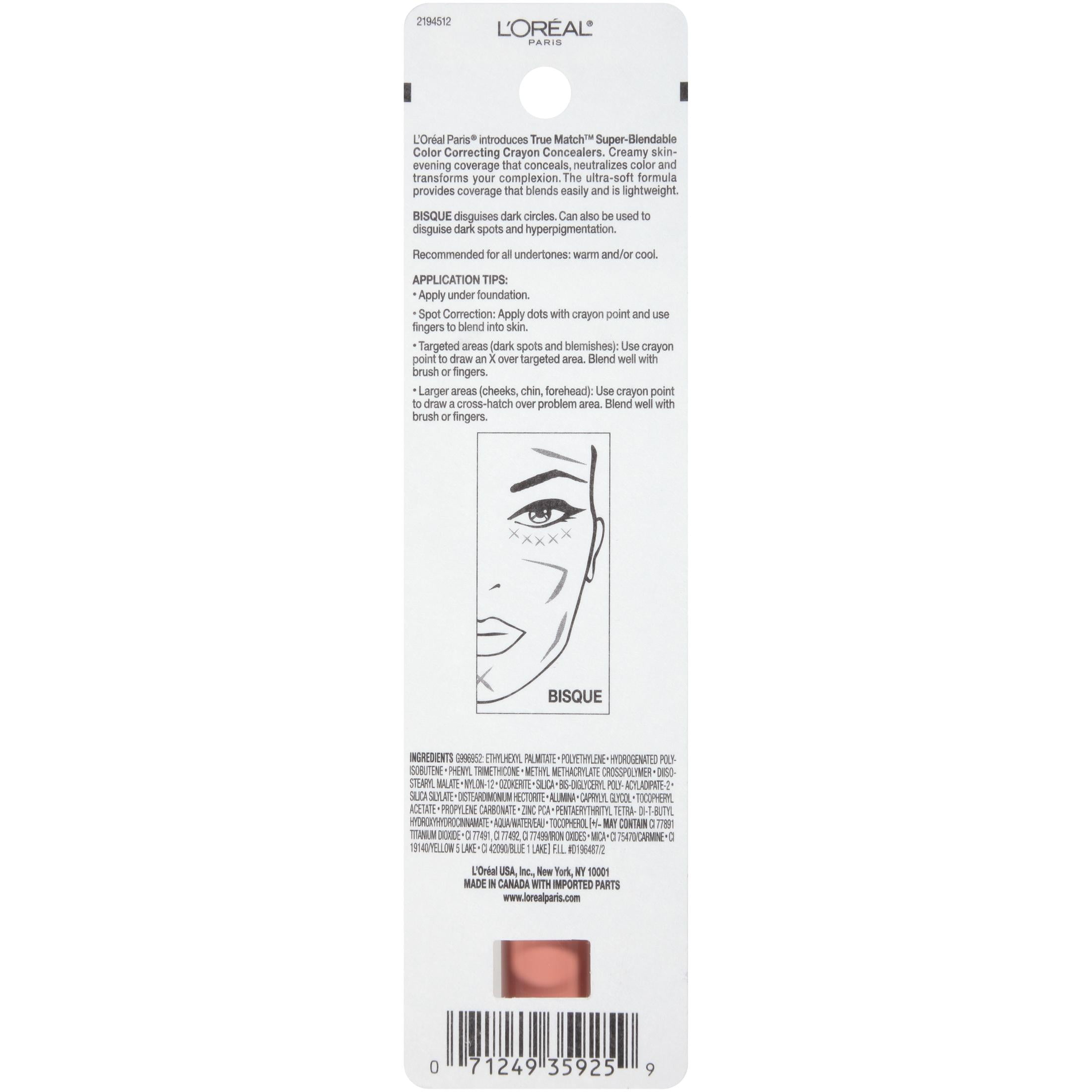 (2 pack) L'Oreal Paris True Match Correcting Crayon Concealer, Bisque, 0.1 fl oz