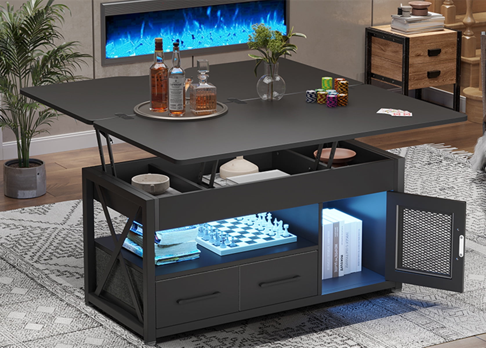 40" Lift Top Coffee Table, 4 in 1 Coffee Tables with Storage Cabinet for Living Room, Small Farmhouse Coffee Table with 2 Fabric Drawers & LED Light for Dining Room, Black