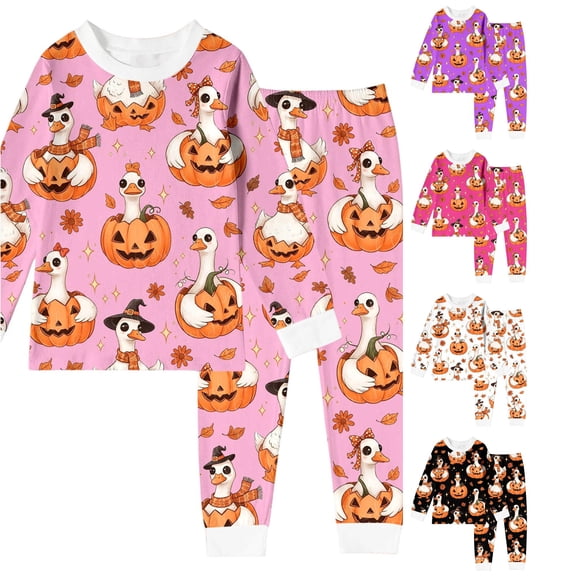 Weebloom Halloween Little Girl Pajamas Cute Pumpkin Boys Pajama Set Long Sleeve Sleepwear Nightwear Pjs Loungewear Pink 6Y