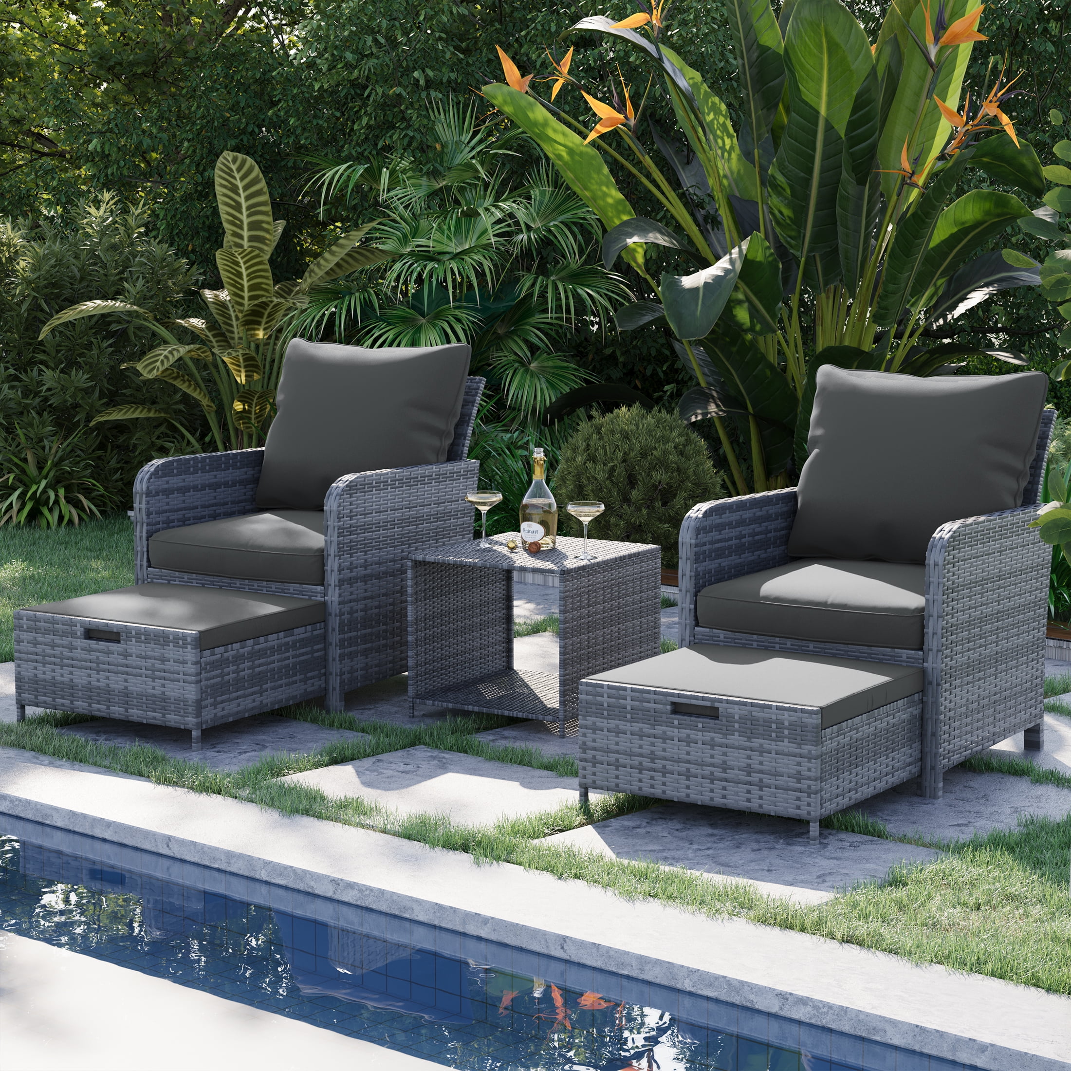 Poteban Gray Rattan Outdoor Seating 5-Piece Set,Outdoor Patio Chair with Ottoman for Front Porch Deck,Wicker Lounge Chair with Side Table,Grey