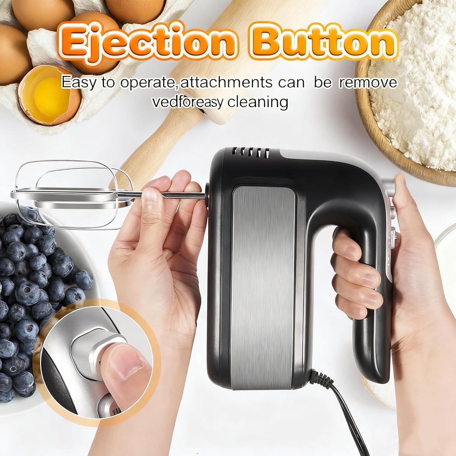 5-Speed 400W Hand Mixer Electric Handheld - Ultra-Powerful with Turbo Function & Eject Button, 5 Stainless Steel Attachments for Dough, Cream, Batter, Eggs Baking