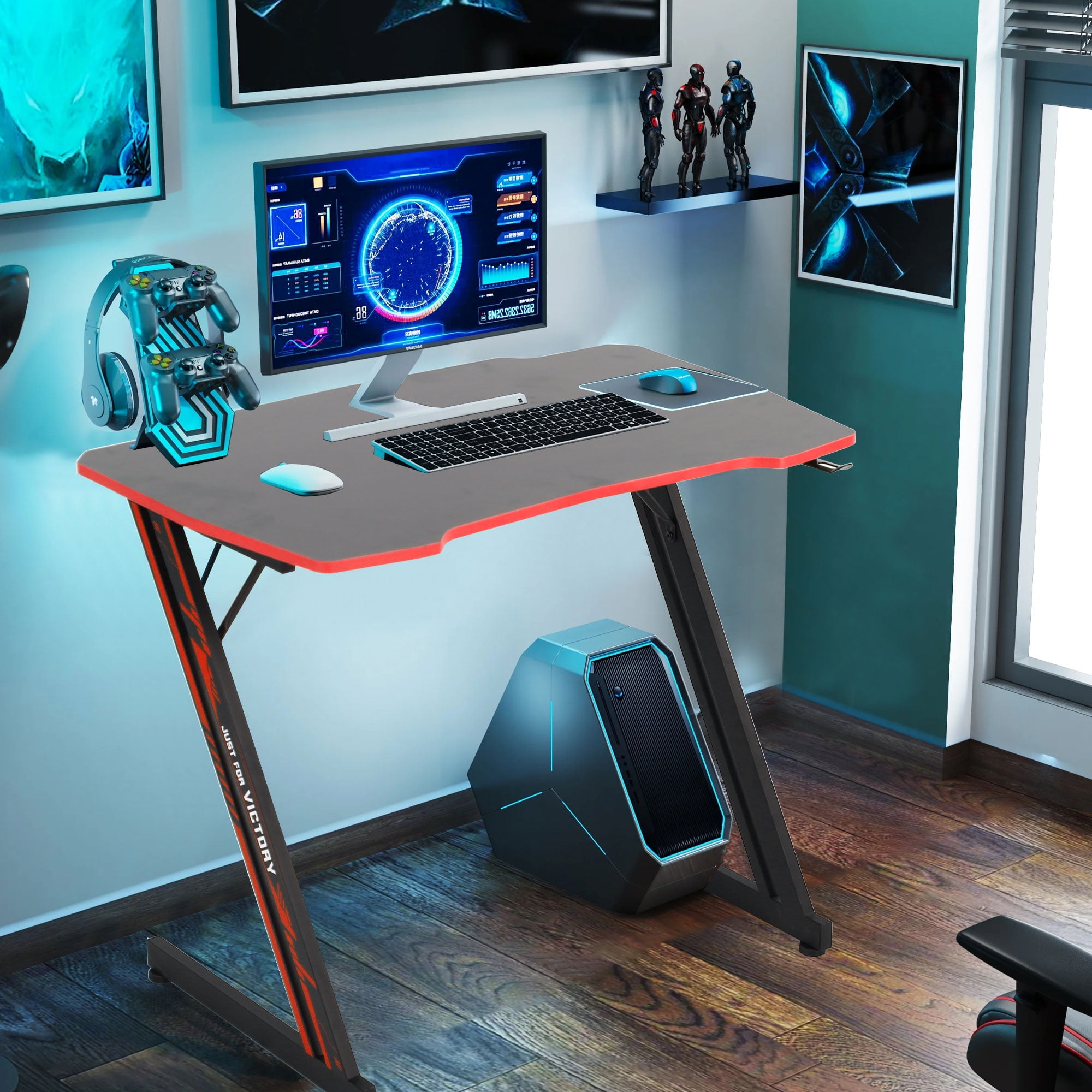 Yrllensdan Z-Shaped Gaming Desks with Headphone Hook and Adjustable Feet Gaming Table Desk, Red