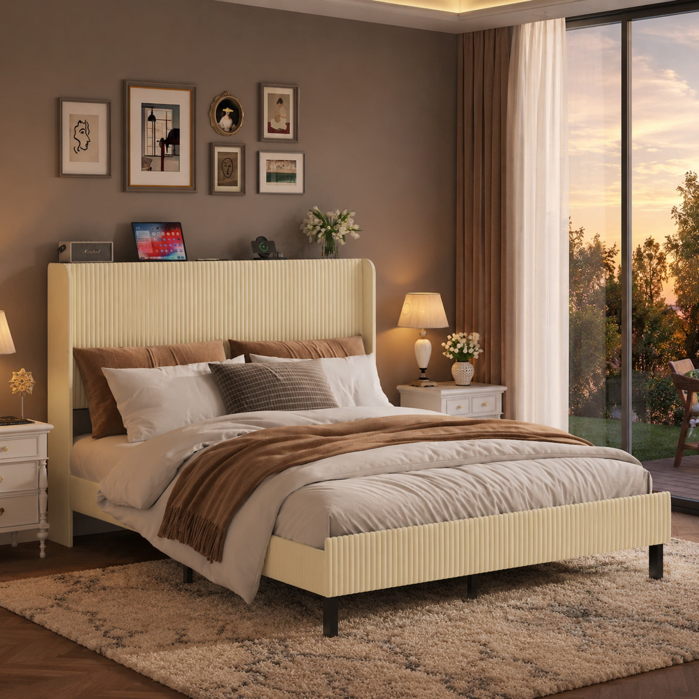 BSHTI Queen Size Velvet Upholstered Platform Bed Frame with USB Ports, Beige Metal & Wood Bed Frame with Storage Headboard, Modern Accent Bedroom Furniture for Bedroom, No Box Spring Needed