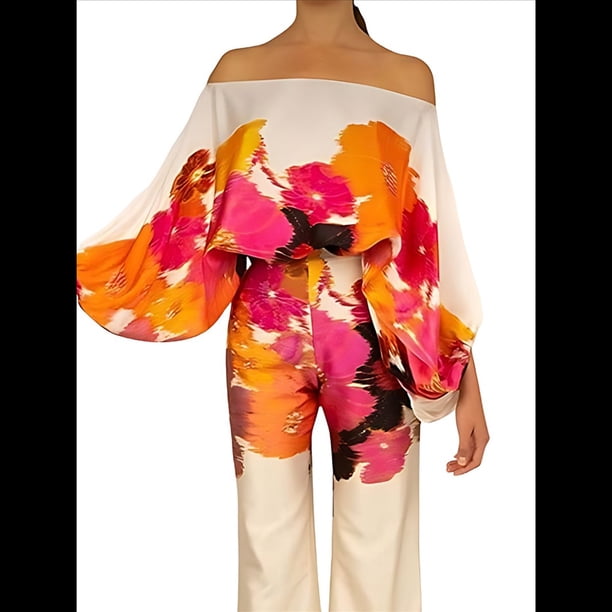 Conjunto de Dos Piezas Holgado de Otoño para Mujer, con Hombros Descubiertos, Estampado, Larga, Informal, para Salir, Pantalones Anchos Color Naranja XXL