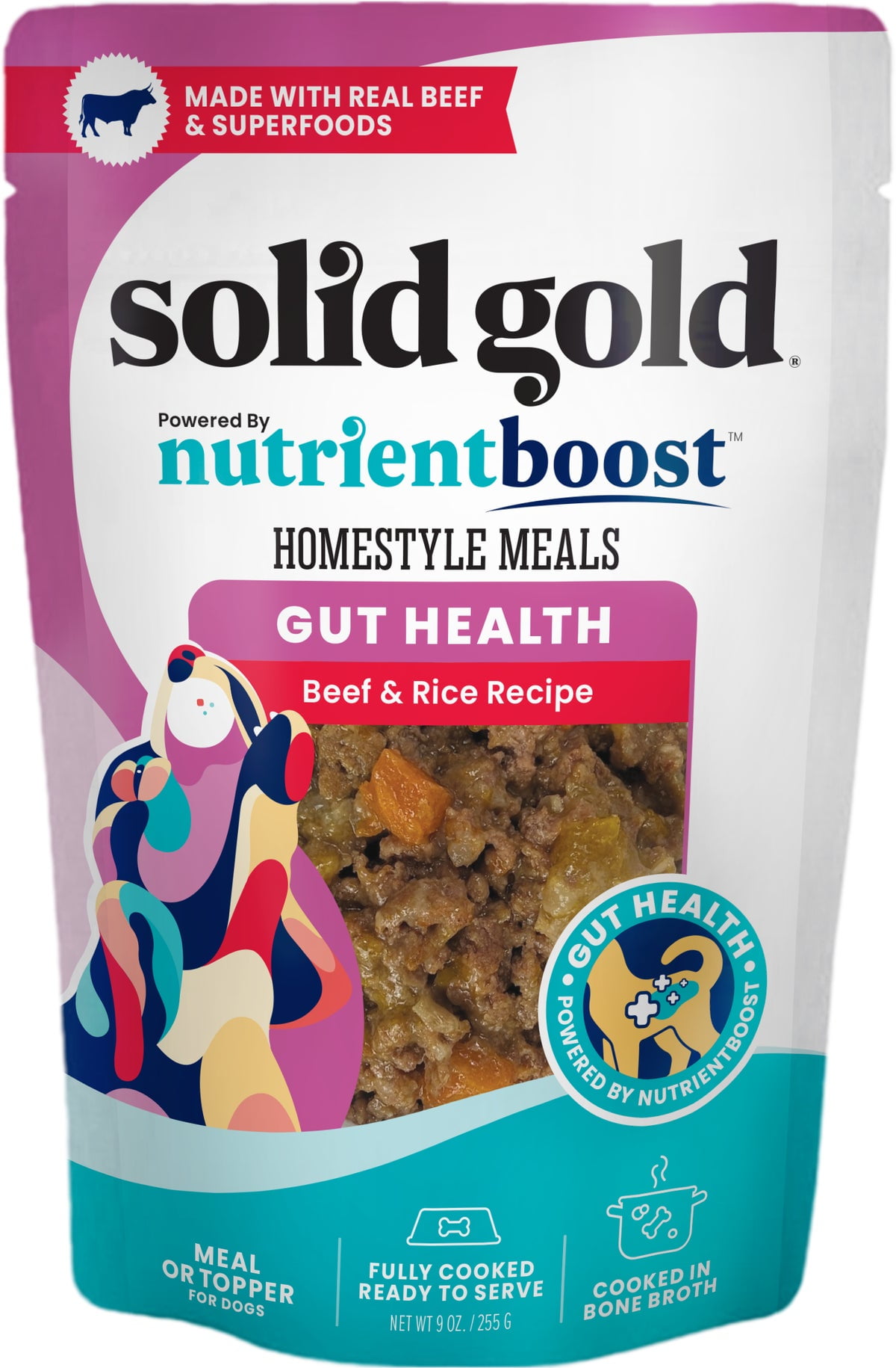 (2 pack) Solid Gold Homestyle Meals, Meal Topper for Dogs to Support Gut Health, Beef & Rice 9oz Pouch