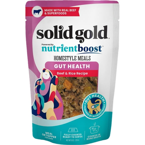 Solid Gold Homestyle Meals, Meal Topper for Dogs to Support Gut Health, Beef & Rice 9oz Pouch