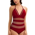 thumbnail image 4 of WAYUTE One Piece Swimsuit Women Mesh Rash Guard Slim Fit Deep V Neck Sheer Trendy Tummy Control Solid Color Bathing Suit, 4 of 6