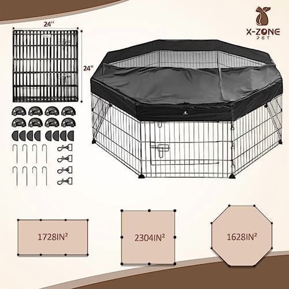 X-ZONE PET Foldable Metal Pet Playpen with Top Cover, Portable Indoor/Outdoor 8 Panel Play Pen Temporary Pet Fence Heavy Duty Wire Exercise Pen for Dogs Cats 24'' H