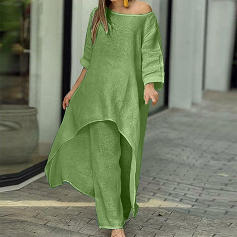 Plus Size Linen 2 Piece Outfits for Women Summer Casual Loose High