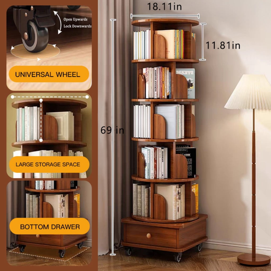 6-Tier Rotating Bookshelf with Wheels, 360° Spinning Corner Bookcase, Modular Space-Saving Storage Rack for Small Spaces, Bedroom, Living Room, Walnut Brown