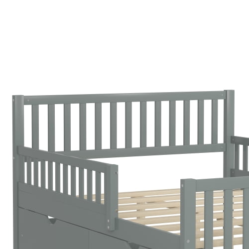 Euroco Wood Full Size Platform Bed with Guardrails and Drawers for Kids Teens Toddlers, Gray
