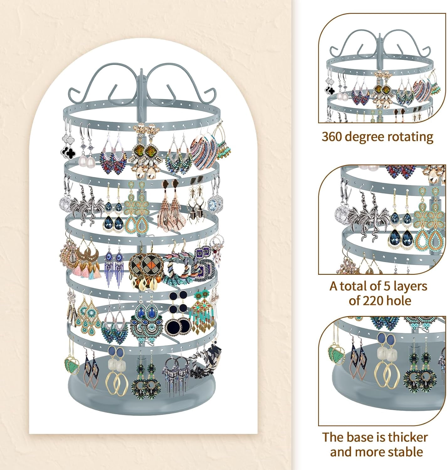 5-Tier Rotating Earring Stand With Wooden Tray | 220 Holes Jewelry Organizer For Studs, Hoops & Dangling Earrings | Space-Saving Display Tower