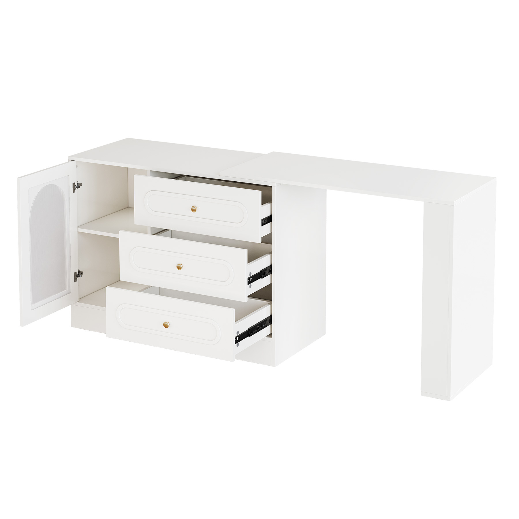 Fnova Rotatable L-Shaped Computer Desk with 3 Drawers, Cabinet, Reversible Corner Design with Adjustable Shelves, Home Office Workstation Writing Table for Bedroom