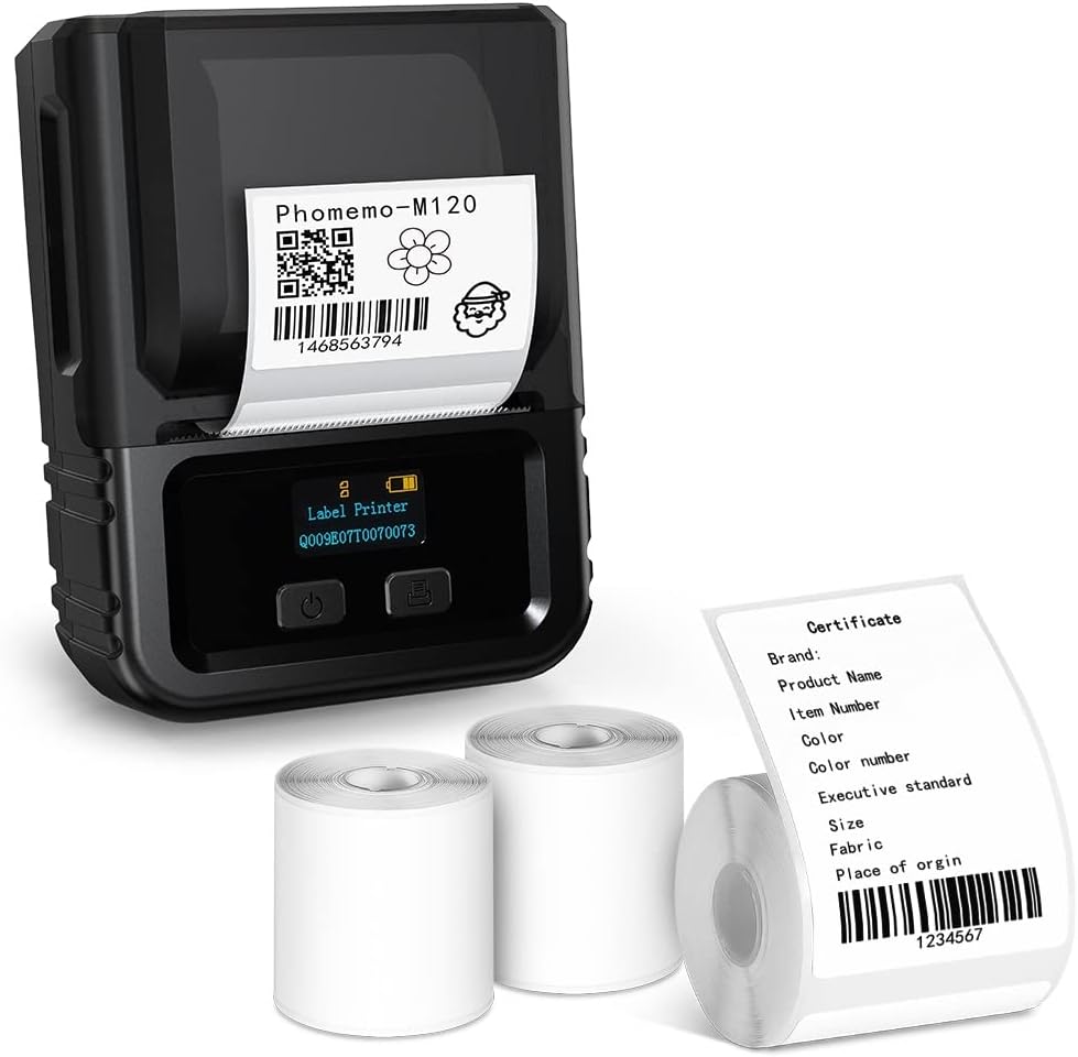 Phomemo M120 Portable Bluetooth Label Maker Thermal Barcode Label Printer Effortlessly Print 2 Inch 50mm Organize Barcodes for Retail, Small Business and More Compatible with Android iOS ＆ PC（Black）