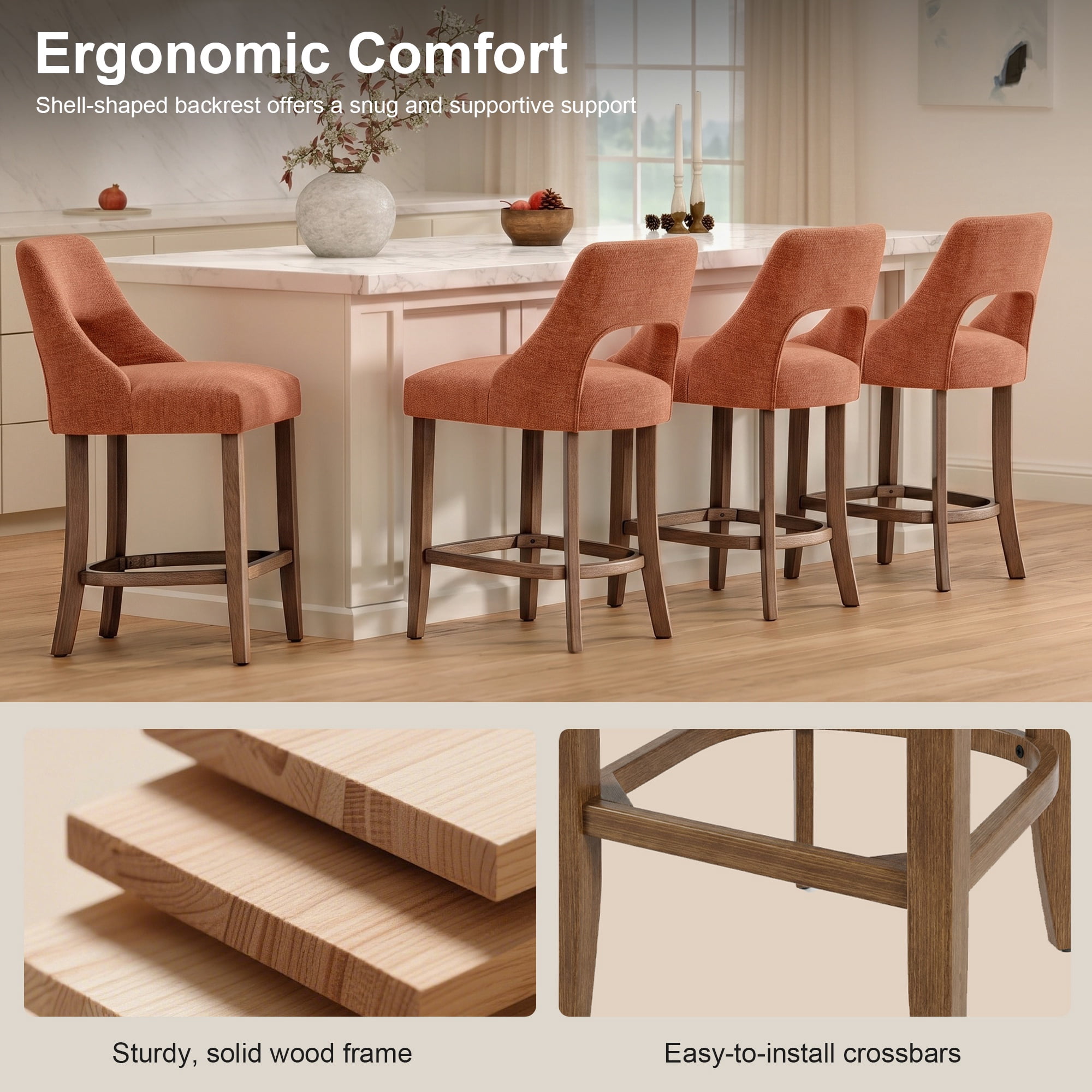 PORKISS 26" Bar Stools Set of 2, Upholstered Kitchen Island Stools with Hollow Back, Mid-Century Counter Stools with Wood Legs Footrest, Orange