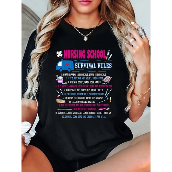 Cotton Womens Nursing School Survival Rules TShirt Funny Nurse Gift T-Shirt Women's Graphic Tee Casual Tops
