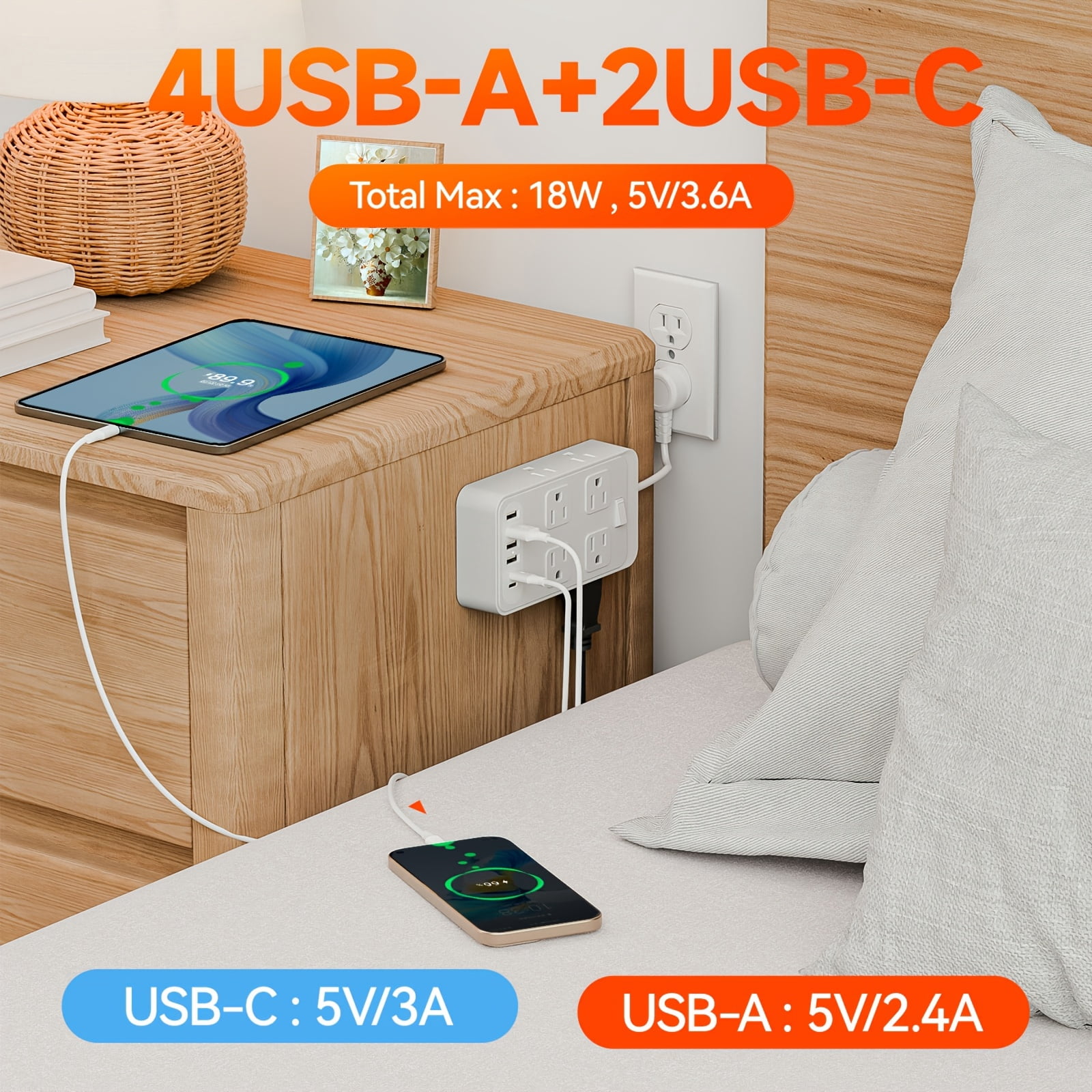 Outlet Extender with Surge Protector, 8 AC Outlets & 6 USB Ports (4A+2C), Short 3-Inch Cord, Compact Charging Station for Home Office Travel