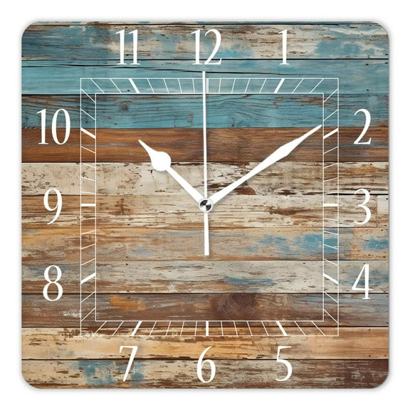 14 Inch Wall Clock Battery Operated Square Clock Decorative for Office, Kitchen, Outdoor, Living Room，Wooden Old Teal Painting