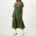 thumbnail image 7 of TrdSipl Plus Size Cotton Linen Dress for Curvy Women Flowy V-Neck Tiered Dress Casual Dressy Swing Loose Short Sleeve Long Dresses Army Green 2XL, 7 of 7