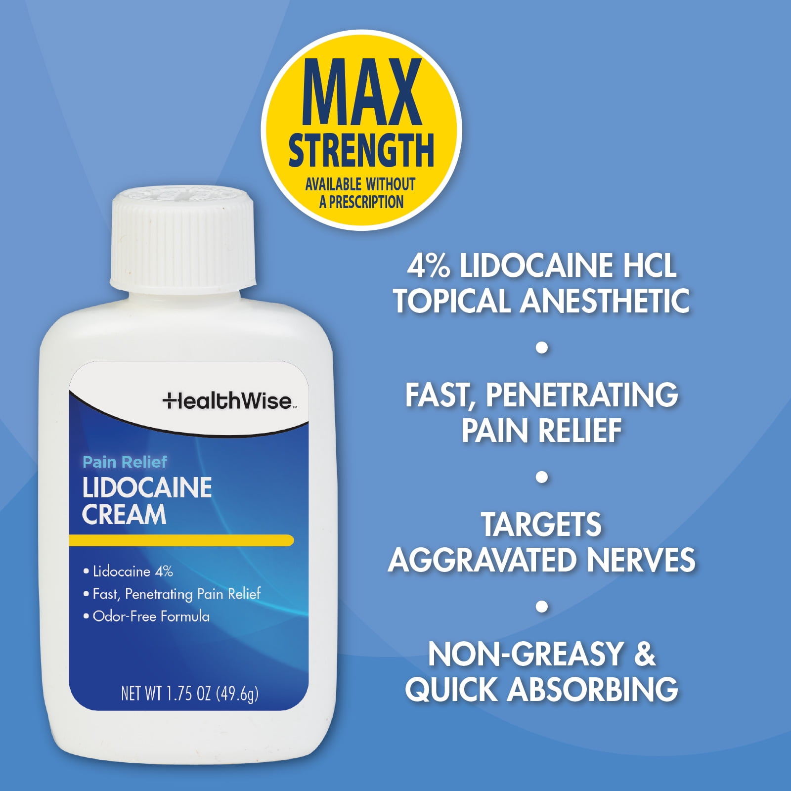 HealthWise Maximum Strength 4% Lidocaine Pain Relief Cream, Non-Greasy and Odor-Free, 1.75 oz, (1 Unit)