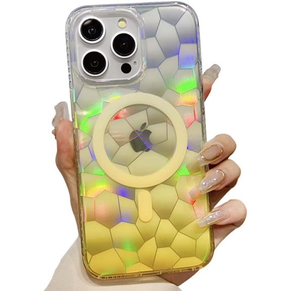 for iPhone Case,[Compatible with MagSafe] Clear Blu-ray Gradient Rhombus Bumper Camera Lens Protection Soft Shockproof Phone Case (Yellow,iPhone 12)