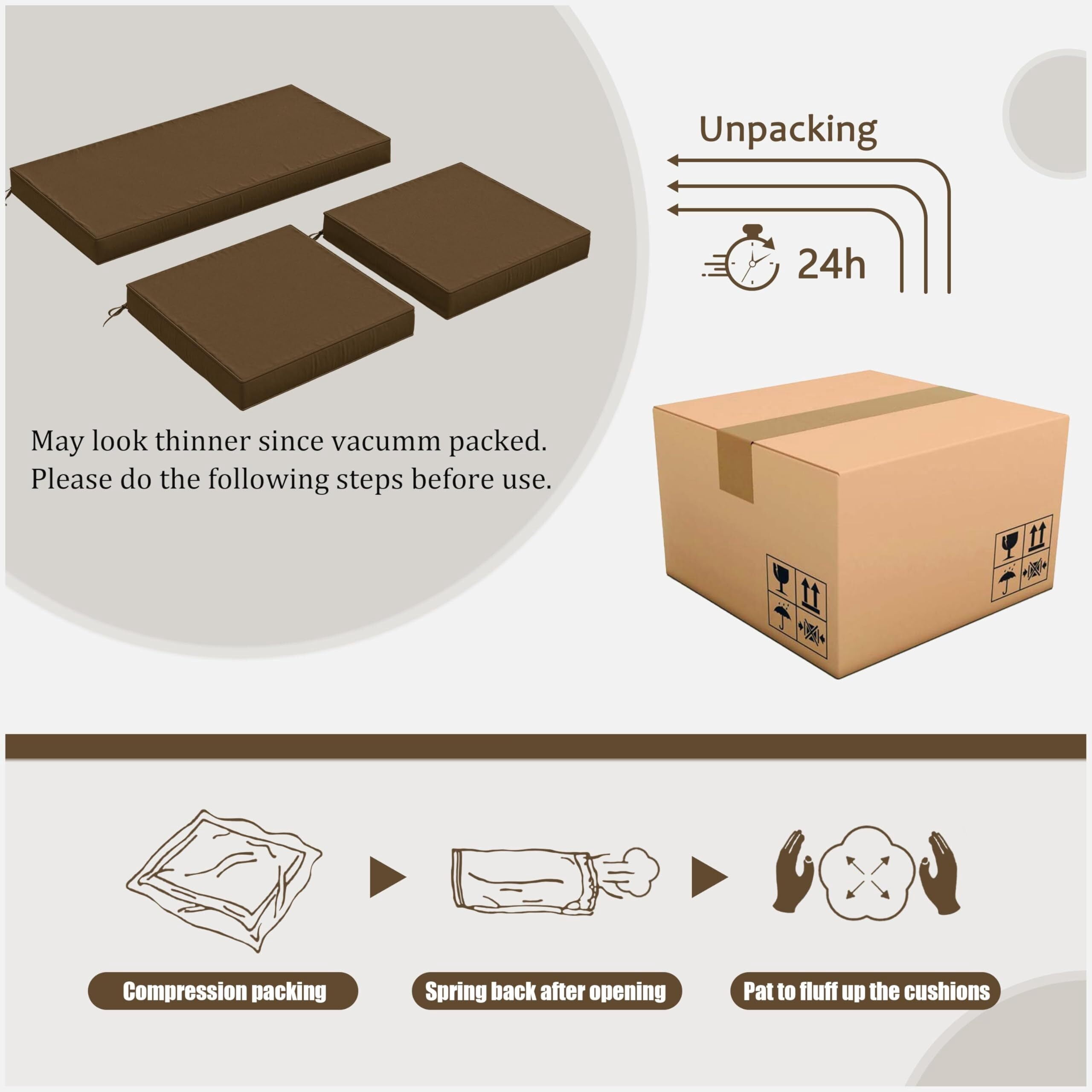 Kimunuk 3 Piece Wicker Chair Cushions, Waterproof Patio Loveseat Chair Cushions Set for Outdoor Indoor Furniture, Chocolate