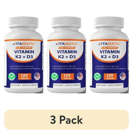 (3 pack) Vitamatic Vitamin D3 K2 Supplements with 10,000 IU Vitamin D   200mcg Vitamin K MK-7, 120 Tablets Bone, Heart, Immune, & Calcium Support